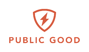 A red and white logo of public goods